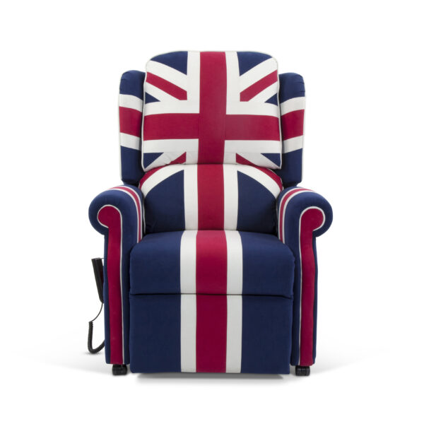 A recliner chair with the Union Jack printed onto it, from the front