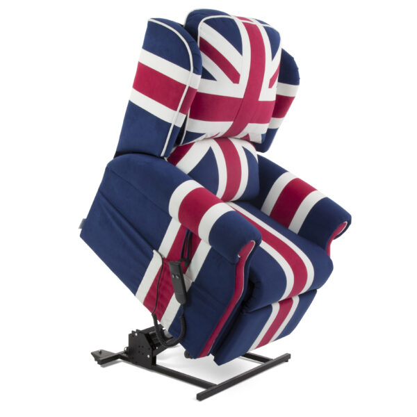 A recliner chair tilted forward, with the Union Jack printed onto it, from the side